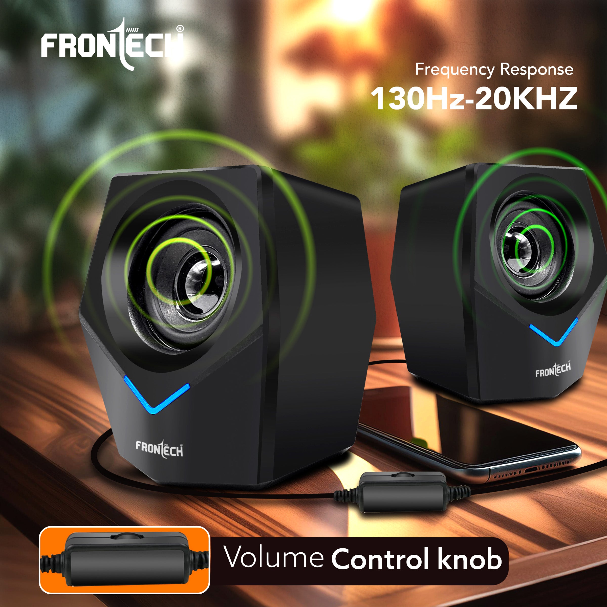 Frontech 2.0 Multimedia Speakers: 10W USB-Powered PC/Laptop/Mobile Speakers with 3.5mm AUX & Blue LED Lighting. (SPK-0011) Frontech 2.0 Multimedia Speakers: 10W USB-Powered PC/Laptop/Mobile Speakers with 3.5mm AUX & Blue LED Lighting. (SPK-0011)